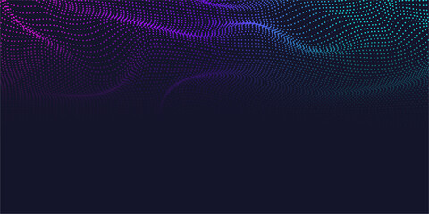 Wall Mural - flowing particles dots, wave pattern curve halftone shape isolated on dark background. vector backgr