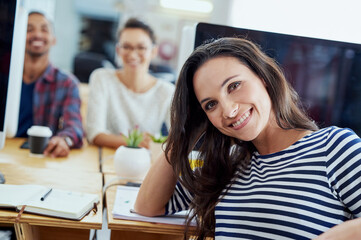 Aufkleber - Teamwork, portrait and coworkers in office for creative project, startup or development. Confident, smile and diverse group of people for employee, occupation or professional on company growth