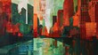 colorful background, Abstract cityscape painting, textured paint strokes on canvas. Large size art print for wall