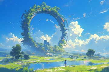 Wall Mural - A person stands in the center of an endless field, surrounded by trees and grass that form circular shapes.