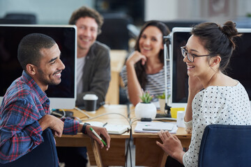 Poster - Smile, computer and employees in office, workspace or collaboration for working in creative career. Job, technology and partnership with documents, desk or diversity for professional discussion