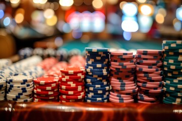 Wall Mural - stacks of poker chips on a gaming table in casino, close up shot of piled up gambling chips, casino banner concept with copy space, gamble venue header