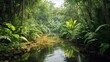 Tropical River Oasis Surrounded by Lush Palms. Beautiful landscape wallpaper high quality screen background