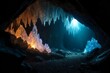 Dark, mysterious cave illuminated by glowing crystals and mineral formations