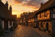 A classic old town in the countryside of Medieval Europe on a quiet evening
