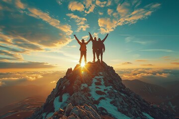 Wall Mural - Visualize three people at the pinnacle of a mountain, joining hands and raising them high in a jubilant gesture of overcoming obstacles and achieving success together