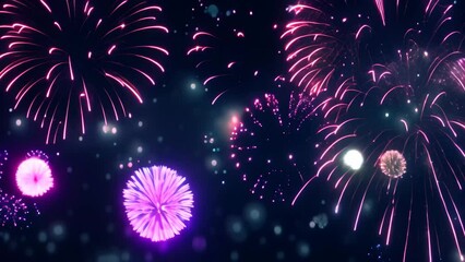 Poster - Colorful fireworks with bokeh effect on dark blue sky background, Beautiful firework display for celebration with blurred bokeh light, AI Generated