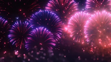 Poster - Colorful fireworks with bokeh effect on dark blue sky background, Beautiful firework display for celebration with blurred bokeh light, AI Generated