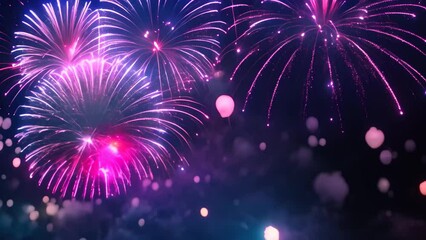 Poster - Colorful fireworks with bokeh effect on dark blue sky background, Beautiful firework display for celebration with blurred bokeh light, AI Generated
