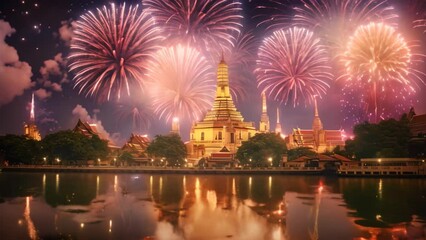 Poster - Fireworks at Wat Arun Temple, Bangkok, Thailand, Asia, Beautiful firework show for celebration with blurred bokeh light over Phra Nakhon Khiri, AI Generated
