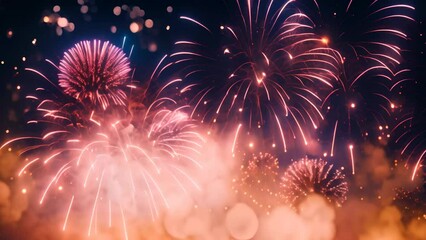 Poster - Colorful fireworks background with bokeh defocused lights and stars, Beautiful firework display for celebration with blurred bokeh light, AI Generated