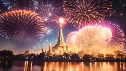 Poster - Beautiful Fireworks at Wat Arun Temple, Bangkok, Thailand, Beautiful firework show for celebration with blurred bokeh light over Phra Nakhon Khiri, AI Generated