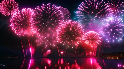 Canvas Print - Colorful fireworks with reflection on water, New Year celebration background, Beautiful fireworks display for celebration night, AI Generated