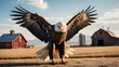 An eagle standing on a farm background with farmhouse ranch from Generative AI
