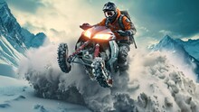 Motocross Rider On The Piste. Extreme Motorcycle Race, Extreme Rider Jumping With A Snowmobile On The Snow, Face Covered With A Helmet, AI Generated