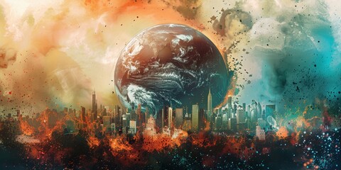Wall Mural - a painting of a planet with a city on it