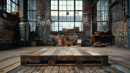 Vintage wooden crate podium in an old warehouse, ideal for artisanal products