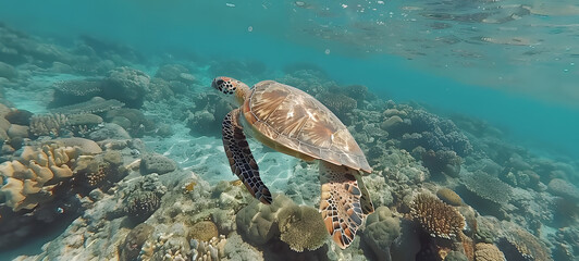 Wall Mural - a beauty turtle swimming in the clear sea beautiful coral reefs in under the sun, ai generative