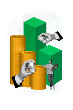 Vertical graphics collage image of happy young trader hold laptop gold mine stack coins money offers earnings income increase isolated on white color background