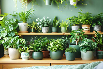 Many green potted houseplants are in the Scandinavian interior design of a modern bedroom with wooden shelves.