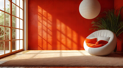 Beige lounge chair near curved sofa with orange vibrant cushions and big ball pendant light.