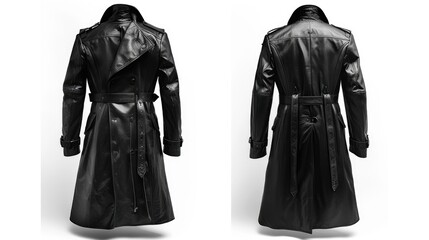 clothing, a photo of a black leather classic extra long trench jacket on white background with the front and back of the jacket shown side by side