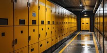 A Long Hallway With Yellow Metal Cabinets