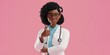 3d rendering. Black woman doctor shows thumb up. Like gesture. Therapist cartoon character, healthcare professional, isolated on pink background. Medical, Generative AI 