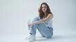 Photo Type: hyperrealistic full-body shot, Subject Focus: fit young woman in jeans showing a shrink sleeved plastic bottle,  