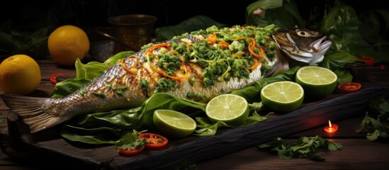 Wall Mural - A dish made of fish surrounded by a variety of vegetables is presented on a rustic wooden cutting board, accompanied by slices of lemon