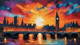 Fototapeta Fototapeta Londyn - sunset in London United Kingdom theme oil pallet knife paint painting on canvas with large brush strokes modern art illustration from Generative AI