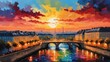 sunset in Paris, France theme oil pallet knife paint painting on canvas with large brush strokes modern art illustration abstrac from Generative AI