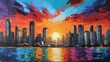 sunset in Sydney Australia theme oil pallet knife paint painting on canvas with large brush strokes modern art illustration from Generative AI