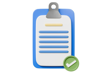 Aufkleber - 3D Clipboard Business document note paper with checkmark or tick mark icon. Sheets of paper. Approved document concept. Minimal Cartoon design isolated on purple background. 3d rendering illustration.