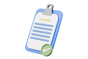 Aufkleber - 3D Clipboard Business document note paper with checkmark or tick mark icon. Sheets of paper. Approved document concept. Minimal Cartoon design isolated on purple background. 3d rendering illustration.
