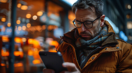 Wall Mural - Man using his smartphone in city at night