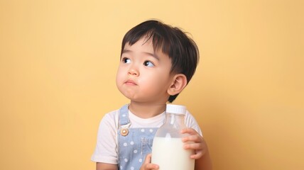 Wall Mural - World Milk Day, Asian child, 4 years old, 5w, holding milk