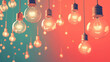 Multiple hanging light bulbs glowing warmly with a bokeh effect on a teal background.