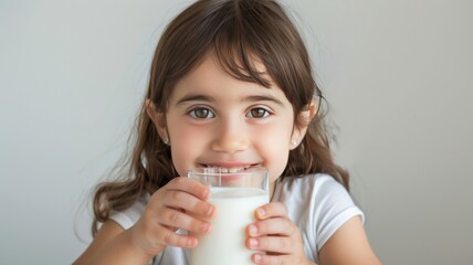 Wall Mural - World Milk Day, A 5 year old American girl sits holding a glass of healthy milk.