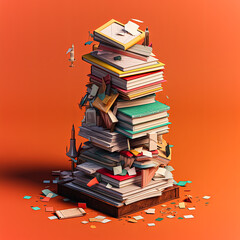 Wall Mural - A stack of books is piled on top of each other, with a person standing on top of the pile. Concept of chaos and disorganization, as the books are scattered and piled haphazardly