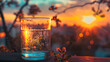 Sunset over the cityscape, nature beauty in a glass