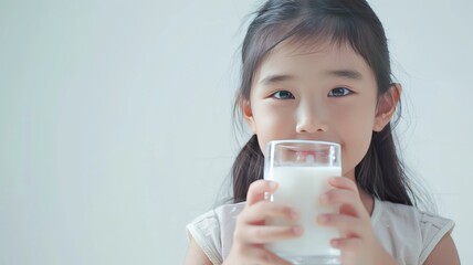 Wall Mural - World Milk Day, Five year old Asian girl sits holding a glass of healthy milk.