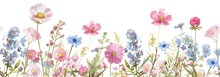 Seamless Pattern With Delicate Watercolor Flowers. Botanical Print Of Meadow Scene Of Blooming Wildflowers Ideal For Textiles, Wallpapers Or Eco Friendly Packaging. Artistic Botanical Illustration