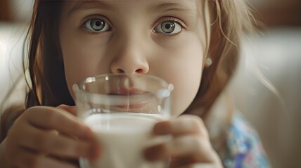 Wall Mural - World Milk Day with a white girl drinking milk in a glass.