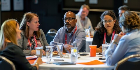 Wall Mural - Group of attendees engaged in a roundtable discussion. 