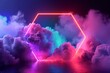 3d rendering, abstract neon background with stormy cloud and hexagonal frame glowing with colorful light, Generative AI 