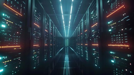 Poster - Futuristic data center, rows of servers glowing in the dark, high-speed data processing, cybersecurity walls visible