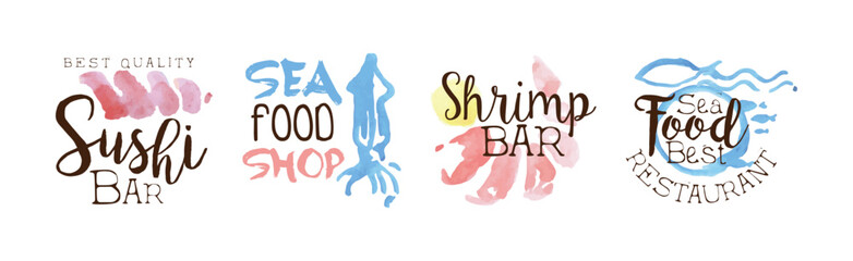 Wall Mural - Seafood Nautical Watercolor Label and Shop Emblem Vector Set