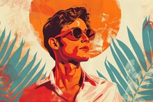 a painting of a man wearing sunglasses and a red shirt, summer vibers, background, art, 