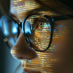 close-up of a person with reflective code on glasses, suggesting high tech or cybersecurity theme